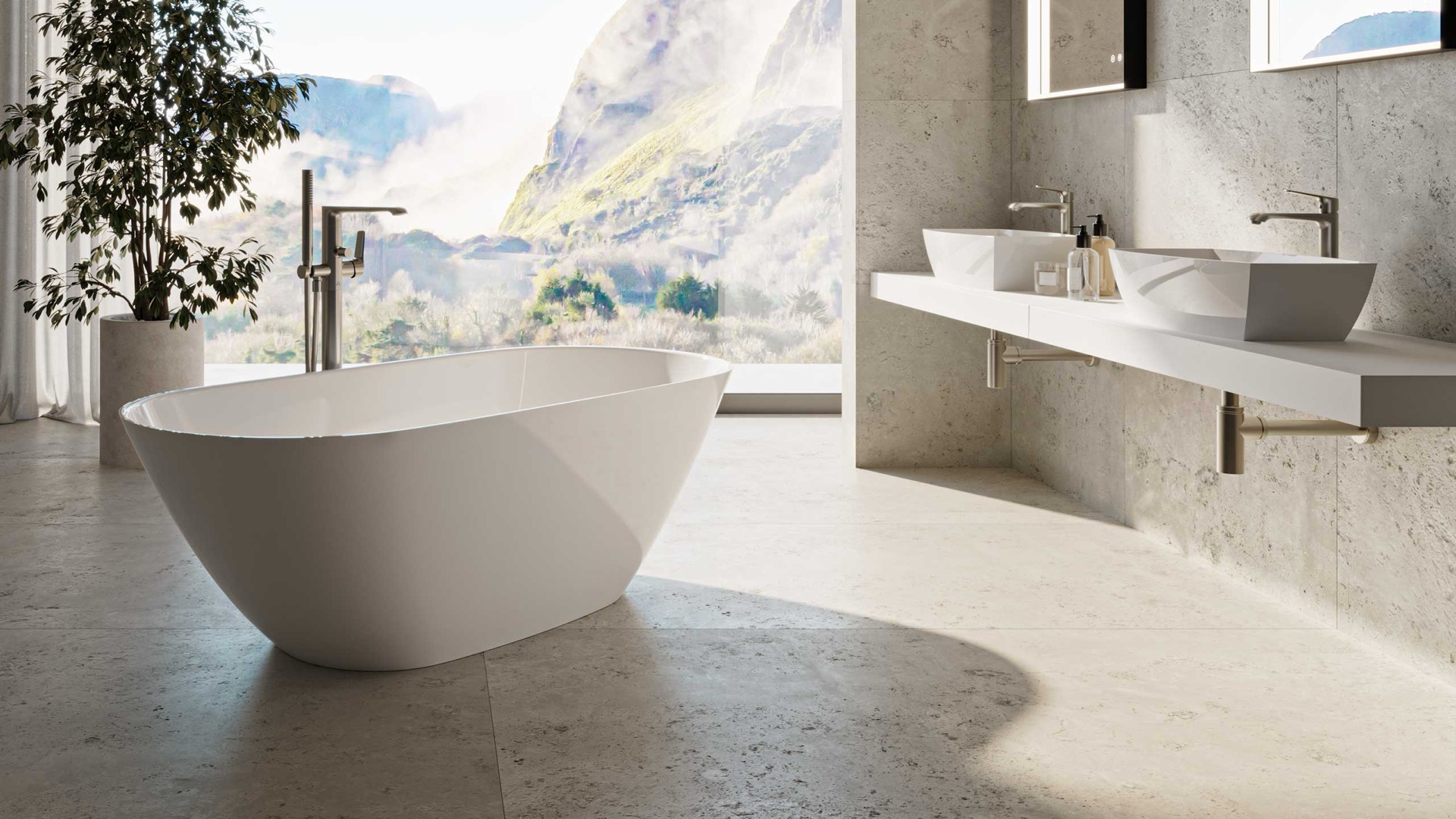 Luxury bathroom with freestanding bath and natural stone tiles